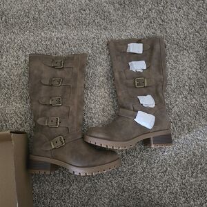 Amazon Women's Brown Combat Boots with Buckle Straps